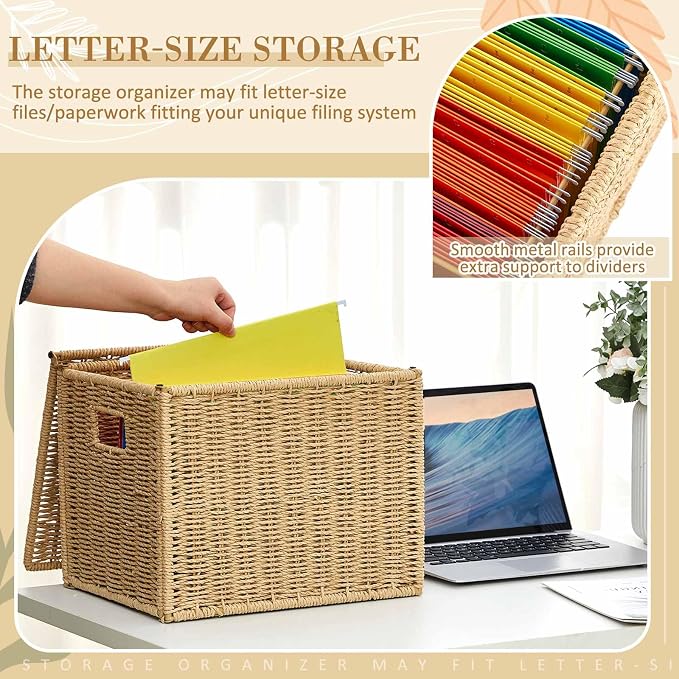 Jingmore Paper Rope File Box Organizer with 25 Hanging File Folders, Collapsible Letter Size Filing Storage Box with Lid, Handwoven Document Basket, Decorative Document Storage for Office & Home