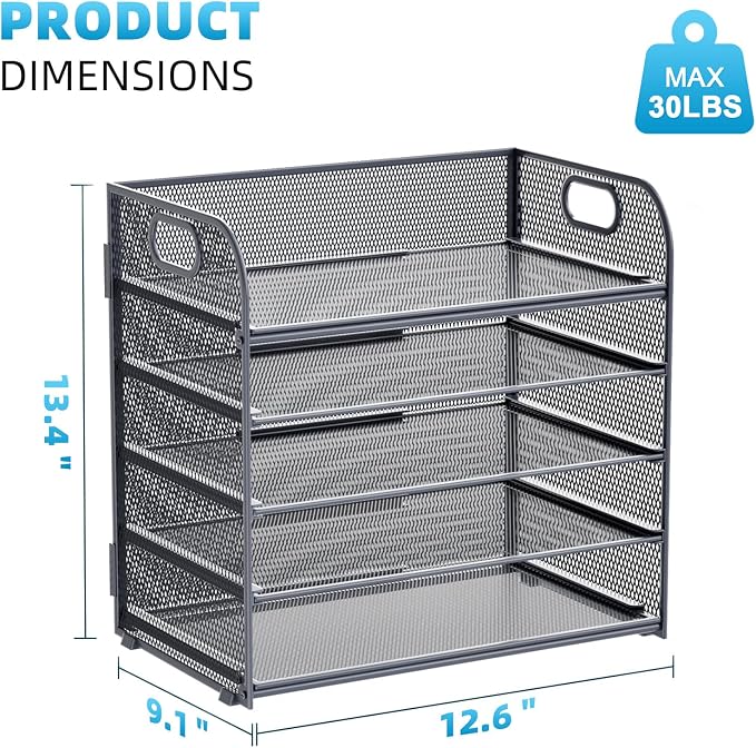 Marbrasse 5 Tier Paper Organizer Letter Tray, Mesh Desk File Organizer with Handle, Paper Sorter Desk Organizer for Home Office Supplies - Grey