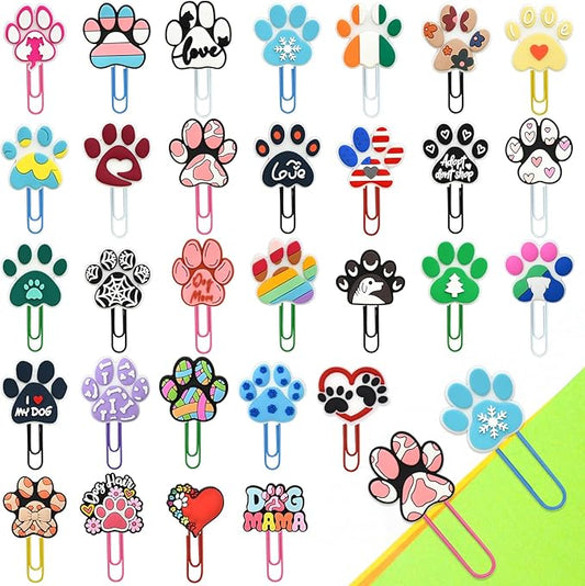 Cute Paper Clips,30Pcs Cute Paw Print Bookmark Paperclip Bulk Metal Colorful Planner Clip Charm Clamp Cat Dog Paw Print Desk Accessories Stationery Office Supplies gift for Student Teacher Party Decor