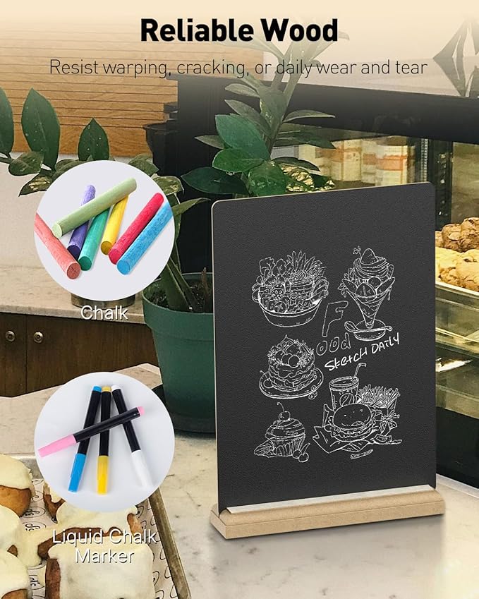 Uniclife 3 Pcs A4 Tabletop Chalkboard Sign with Stand & Chalk Markers, 8.3 x 11.7 Inch, Double-Sided Wooden Chalk Board Sign for Tables, Menu Board for Bar Wedding