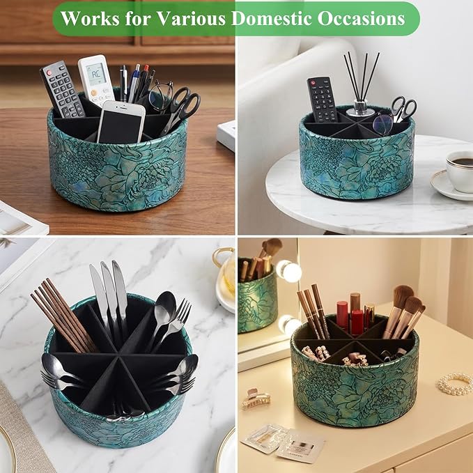 Remote Control Holder, 360°Spinning PU Leather Desk TV Remote Caddy,Desk Storage Box Room Accessories for Controller, Media,Mail,Calculator, Mobile Phone,Pencil(1B-Rich Flower Green)