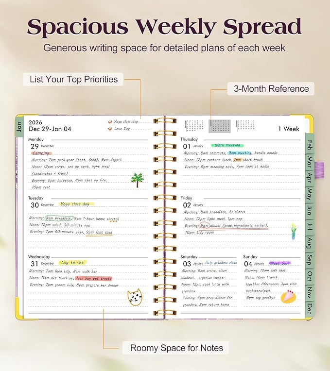 2026 Planner, Hardcover Weekly and Monthly Planner for Women, January 2026 - December 2026, Spiral Yearly Agenda Organizer Book 2026 with Tabs, Daily Calendar Planners for School Work Home, A5 (5.75" x 8.38"), Purple Marble