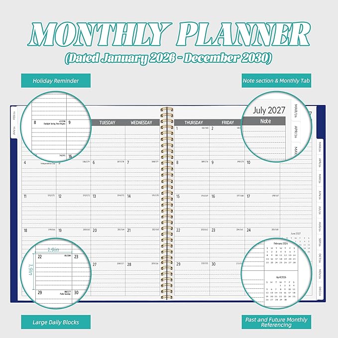 2026-2030 Monthly Planner, 5 Year Monthly Planner/Calendar 2026-2030, 60-Month Jan 2026 – Dec 2030, 9" x 11", Tabs, Double-Side Pocket, Holidays, Thick Paper - Blue