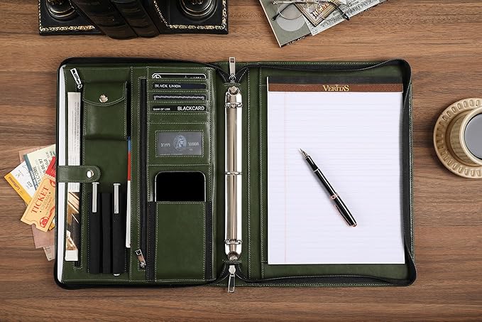 Green Leather Padfolio for Women/Men, Business 3 Ring Portfolio Binder, Personalized Zippered Organizer for A4 Notepad & 13-inch Laptop/Tablet