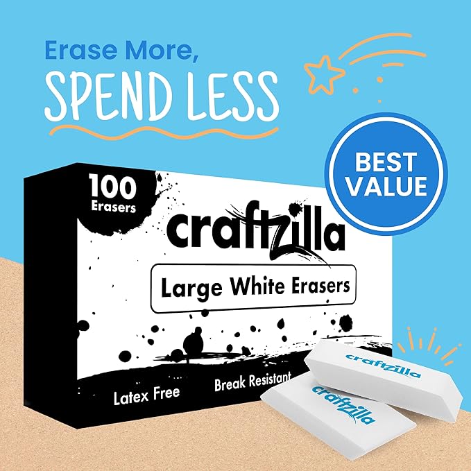 Craftzilla White Erasers Bulk 100 Pack - Large Latex- Free Bulk Erasers for Kids, Classroom, and School Supplies - Ideal for Pencils and Drawing - Borradores Escolares