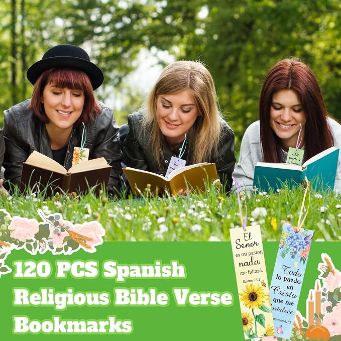 Skyygemm 120 Pcs Spanish Religious Bible Verse Bookmarks Bible Separators Spanish with Colored Rope Separadores De Biblia En Español Inspirational Christian Bookmarks Gifts for Women Church Prayer
