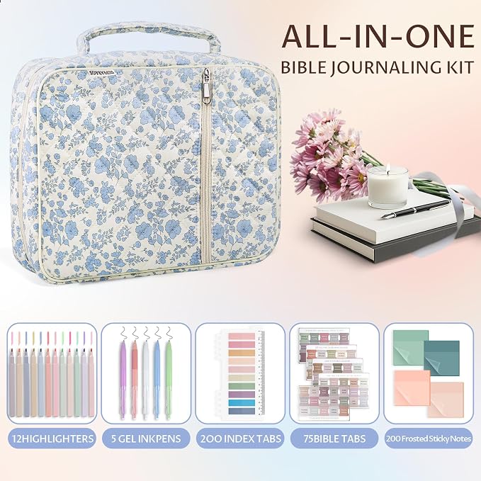 Quilted Bible Cover Case for Women with Bible Study Supplies Journaling Kit Floral Bible Bag Carrying Case with Pastel Highlighters Tabs, Women Christmas Christian Gifts (Blue Floral, M)