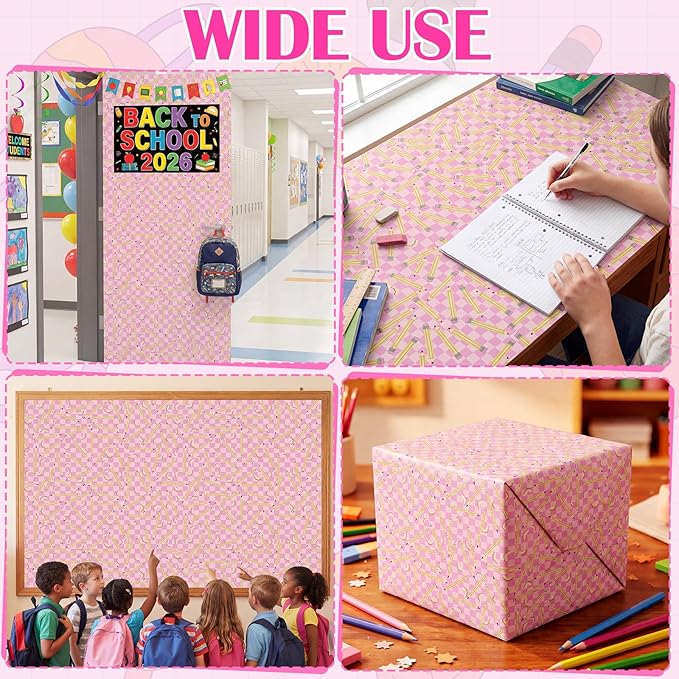 Ctosree 2 Roll Pink Checker Pencils Bulletin Board Paper 4x12ft/1.2x3.6m Non Woven Bulletin Background Wallpaper Fade Resistant Board Roll Decoration for Arts Crafts Office School Classroom(Pink)