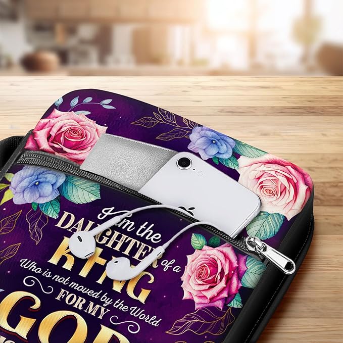Daughter of the King Bible Cover for Women, Inspirational Scripture Floral Bible Bag with Handle and Zipper Pocket, Fits Standard Size Bible, Christian Gift for Girls, Church or Bible