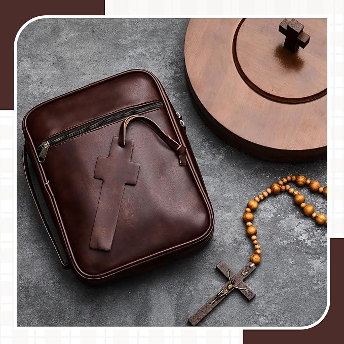 Sinload Bible Cover Kit for Men – Journaling Set with Highlighters, Pens, Tabs & Bookmark – Portable Men's Bible Leather Bag，Father Day Christian Gift for Dad(Vertical Style)