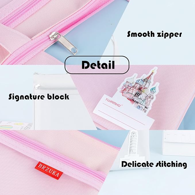 Mesh Zipper Pouch 11x13.7 in, A4 Double Pocket Waterproof File Bag with Handle, Document Storage for School/Travel/Office/Puzzle (Pink, 2pcs)
