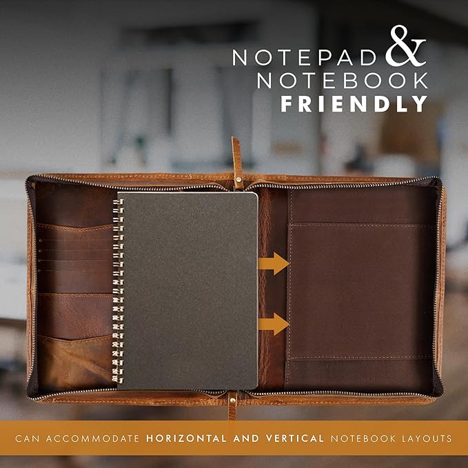ELIZO Leather A5 Portfolio Padfolio Folio A5 Notebook Journal Cover Planner Binder Small Mens Business Work Folder Organizer (Antique)