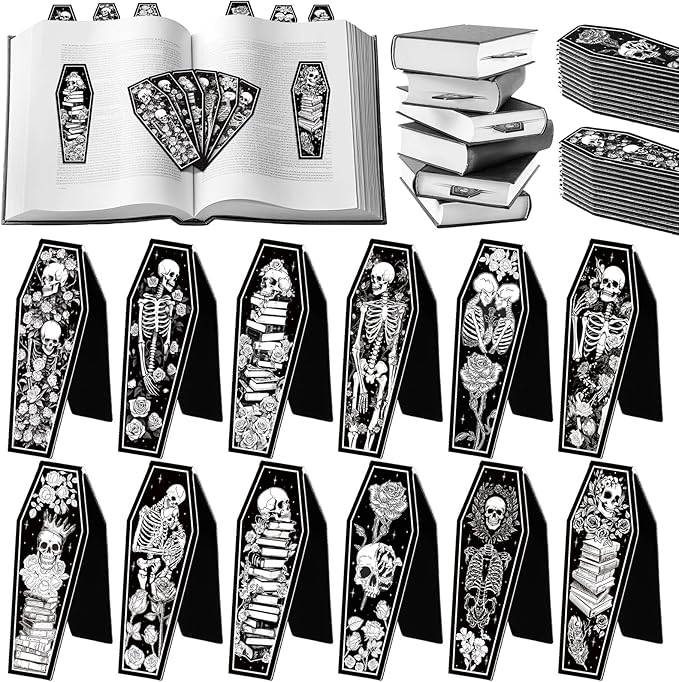 Clabby 48 Pcs Mini Gothic Skeleton Coffin Magnet Bookmarks Bulk with Magnet Halloween Gothic Book Marker Dark Romance Holiday Gift for Book Lovers Bookworm Bookish 12 Style