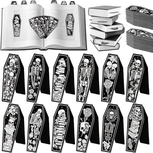 Clabby 48 Pcs Mini Gothic Skeleton Coffin Magnet Bookmarks Bulk with Magnet Halloween Gothic Book Marker Dark Romance Holiday Gift for Book Lovers Bookworm Bookish 12 Style