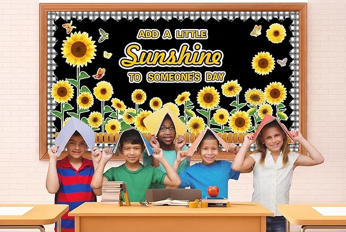 Sunflower Spring Bulletin Board Set – Thanksgiving Motivational Cutouts with Butterflies & Fences – Classroom Cardstock Decor for Window, Wall, Door, Home, Office, Nursery & School Displays