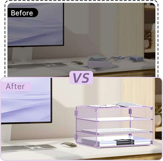 DALTACK 3 Tier Letter Tray Paper Organizer for Desk, Mesh Metal Desk File Organizer with Sliding Trays for Letter/A4 Paper, Mail, Bills & Folders, Light Purple