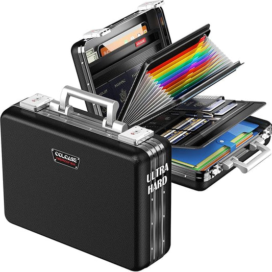 COLCASE Fireproof Document Box, Ultra Hard Metal Frame Fireproof Safe Box | Aluminum Alloy Frame Zipperless All-Around Fireproof Document Organizer with TSA Lock Black