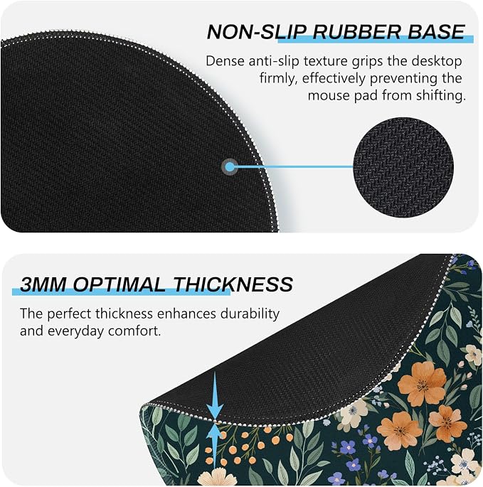 Gctriki Flower Mouse Pad, 8.6 Inch Round Mousepad with Stitched Edges, Non-Slip Rubber Base, Washable Comfortable Desk Mat for Computer Laptop, Gift for Women Teacher Nurse Office Desk Decor