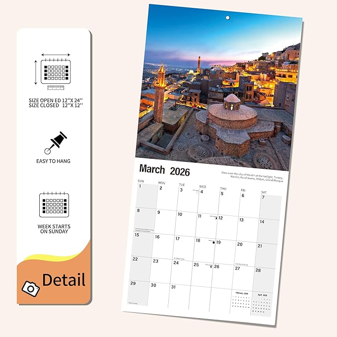 2026 Wall Calendar Türkiye Planner Calendar, Hangable Monthly Wall Calendar with Large Blocks for Organizing & Planning, Academic Schedule, Home, Office & family, Thick & Sturdy Paper (12"x24" Open)
