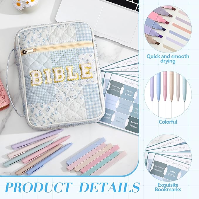 Sinload Quilted Bible Cover Case for Women Large Carrying Bag with Organizer Tabs 6 Colored Pens 6 Highlighters Book Tote Bags with Handle Bible Carry Supplies Christian Gifts(Blue Patch)