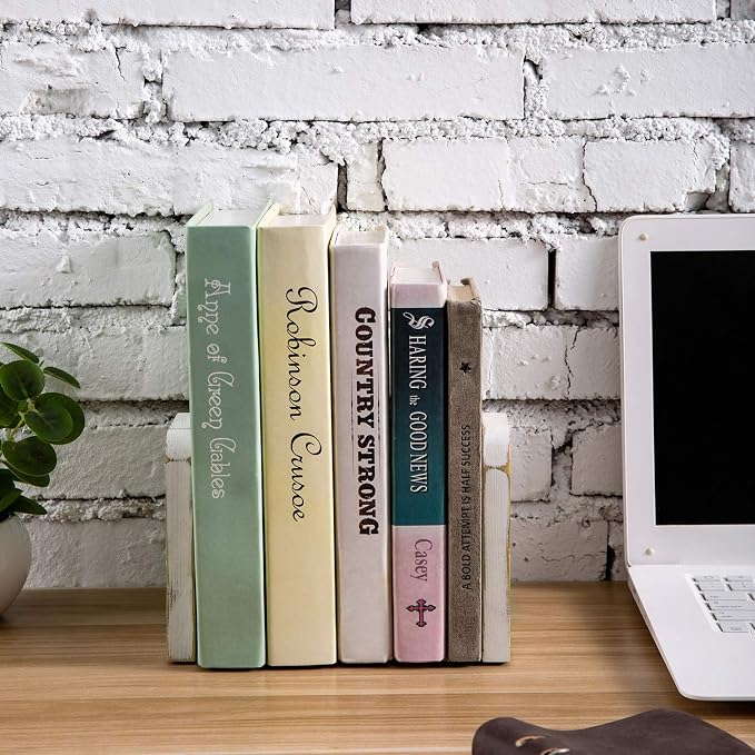 MyGift Farmhouse Book Ends for Shelves, Vintage Decorative Bookends, Bookends Display Organizer, Book Holder Stopper, Office Desk Decor, Whitewashed