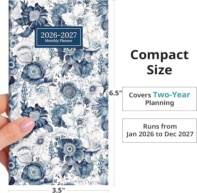 Pocket Calendar 2026-2027 for Purse, Two Year Monthly Planner Pocket Size, Jan 2026 to Dec 2027 Monthly Planner Small Size (6.5" x 3.5") - Blue Floral