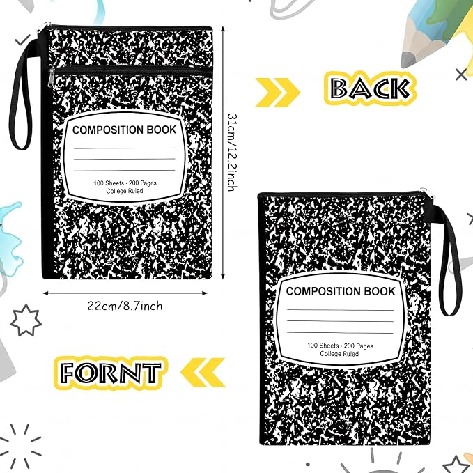 Feifeiya 2 Pcs Composition Notebook Book Cover Pouch with Zipper Back to School Book Sleeve Black and White Waterproof Books Protector Zipper Pouch Back to School Gifts for Students Readers