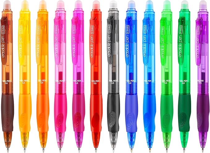 RIANCY 12 Pack Clicker Colored Erasable Gel Pens, 0.5mm Fine Tip, Multicolor & Assorted Ink with Eraser for Mistake Free Writing, Note Taking, Drawing, School & Office Supplies, Soft Grip