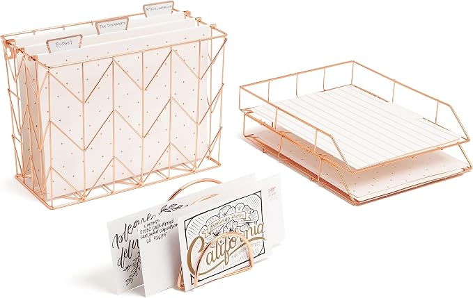 U Brands Desktop Fashion Filing Set, Desktop Organizer, Rose Gold Wire Metal, 10 Piece Office Gift Set (2104U00-01)