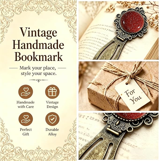 1Pcs Vintage Goldstone Bookmark with Natural Crystal Stone - Fantasy Brass Metal Bookmarks for Reading Women, Men, Book Lovers, Girls and Teachers Book Marks(Goldstone)