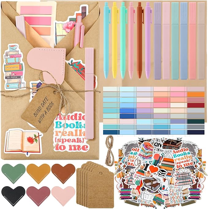 6 Set Blind Date with a Book Gift Box Supplies Excluding Books Bulk Leather Bookmarks Sticker Kraft Tags Pens Wrapping Papers Bookish Readers Back to School Graduation Book Lovers Club Gifts
