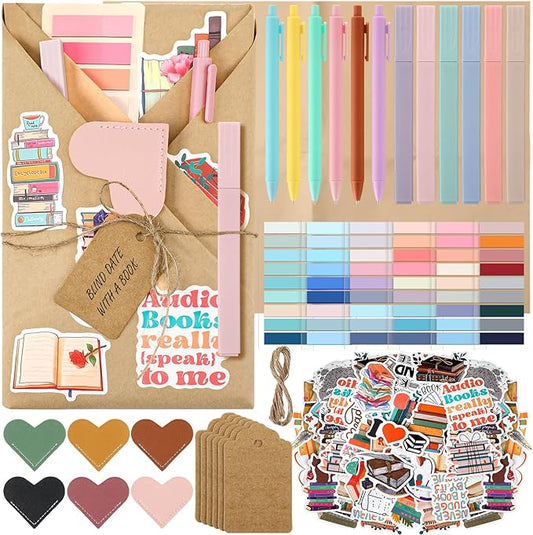 6 Set Blind Date with a Book Gift Box Supplies Excluding Books Bulk Leather Bookmarks Sticker Kraft Tags Pens Wrapping Papers Bookish Readers Back to School Graduation Book Lovers Club Gifts