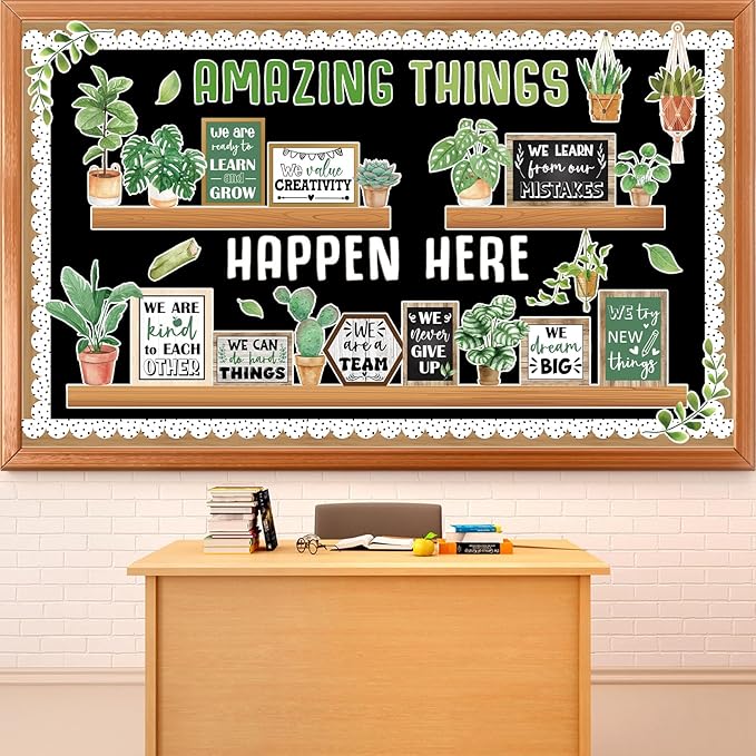 Spring Greenery Bookshelf Bulletin Board Motivational Quotes Potted Plant Cutouts Amazing Things Happen Here Classroom Bulletin Board Decoration for Back to School Chalkboard Wall Door Decorations