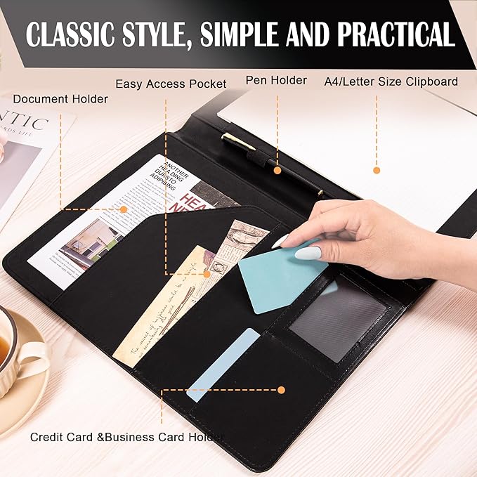 AZXCG Leather Padfolio Portfolio Binder,Interview Resume Folder with Business Card Holder,Portfolio Folder with Document Organizer,A4 Legal Pad Holder for Men &Women