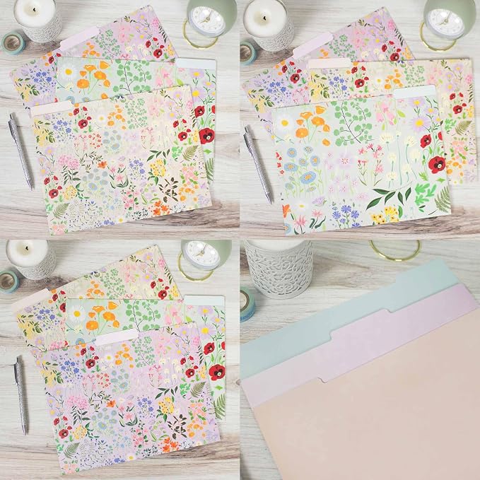 bloom daily planners Decorative File Folders - Set of Six Letter Size (8.5” x 11”) Organizers, 1/3 Cut Tabs - Assorted Floral Designs - Garden Party