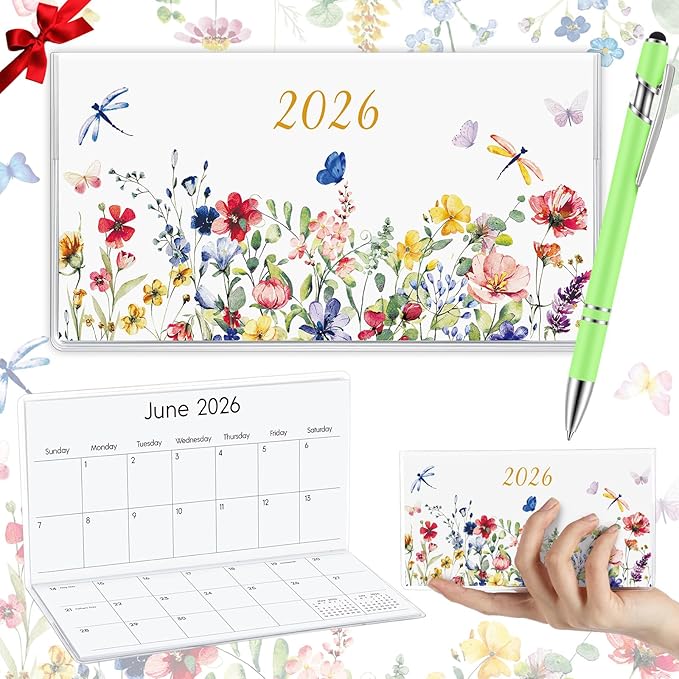 Gueevin 2026 Pocket Calendar for Purse with Pen Small Pocket Planner Handy Weekly Monthly Planner Journal Writing Notebook Valentine New Year Gift Sister Friend Women(Wildflower,Light Green)