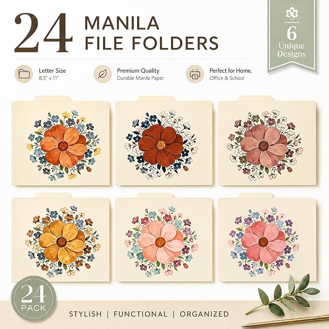 24 File Folders 8.5 x 11 1/3-Cut Tabs Colored Manila Folders Home Office School Supplies for Documents Files Paper