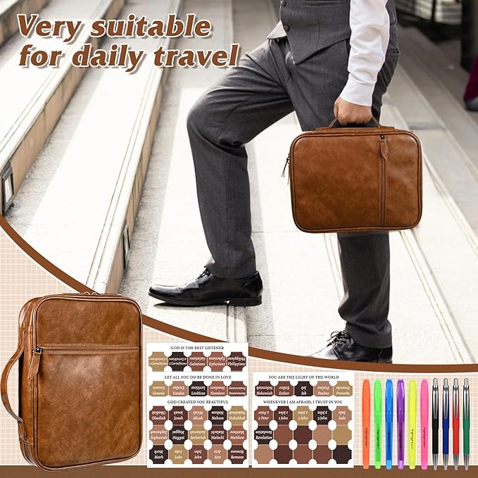 Leather Bible Cover for Men Large Bible Carrying Case with Handle Pockets Bible Book Cover with Highlighters Tabs For Church Prayer Meetings Study Supplies Accessories