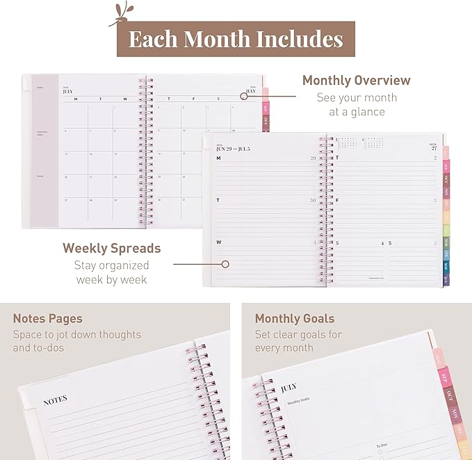 Rileys Academic Planner 2026-2027, Daily, Weekly & Monthly Planner, July 2026 - June 2027, Student Notes Pages, Twin-Wire Binding, Weekly Agenda for School & Work (8 x 6-Inches, Typographic, Pink)