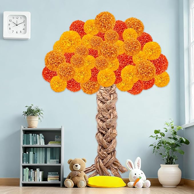 Fall Thanksgiving Tree Bulletin Board Set DIY 3D Tree with Paper Pom Poms Kraft Craft Bulletin Board Classroom Wall Decorations for Fall Thanksgiving Party School Chalkboard Teacher Supplies (Orange)