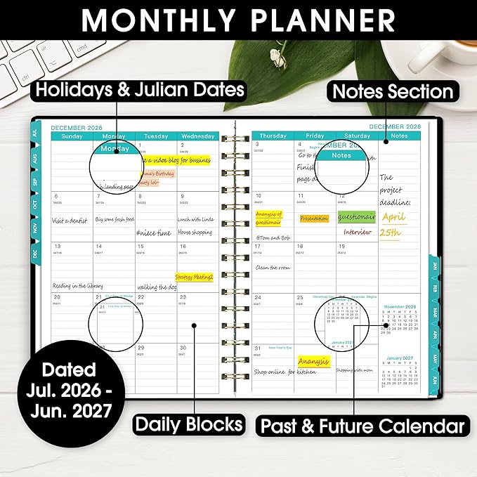 Planner 2026-2027, Academic Year Planner - Daily, Weekly & Monthly Calendar, Jul 2026 - Jun 2027, 6.3" x 8.5", Spiral Notebook with Tabs, Stickers & Inner Pocket, Ideal for School, Office, Home