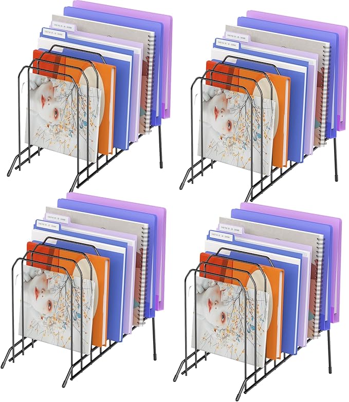 Gawerk Incline Metal Desk Magazine Folder Holder, Sorter Desk File Organizer with 8-Section Vertical Compartments Rack File Organizer for Office, Home, School (4 Pack)