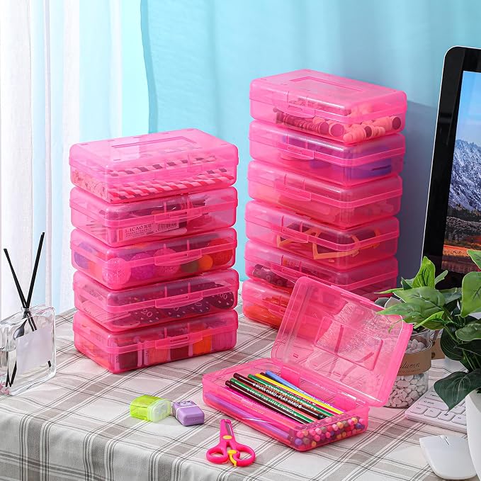 Leelosp 12 Pack Clear Pencil Boxes for School Bulk, Large Plastic Pencil Case with Lid, Stackable Hard Crayon Storage Box for Classroom Kids, Desk Drawer Organizer for Office Home(Pink)