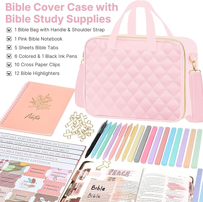 PUGPIU Bible Cover Case for Women, Large Quilted Bible Bag with Shoulder Strap and Handle, Bible Study Supplies Journaling Kit with Highlighters Pens No Bleed Tabs Notebook Cross Clips (Pink)