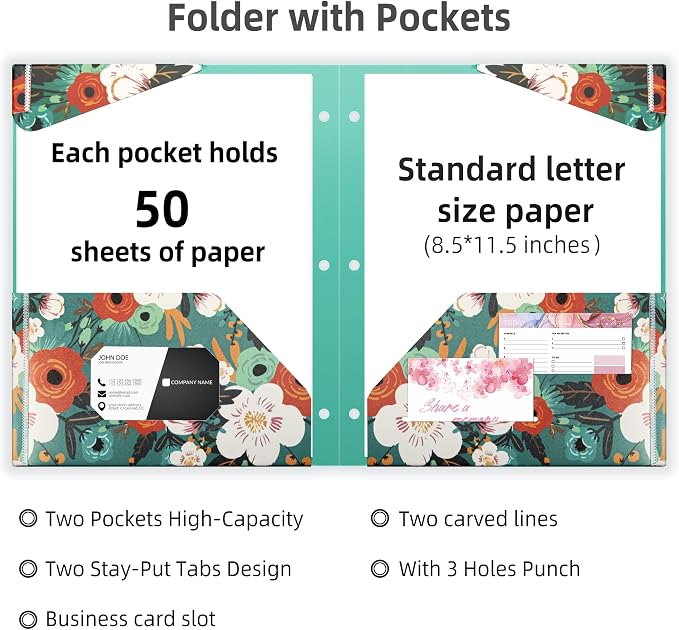 Ospelelf Folders with Pockets, Waterproof Plastic Folder with Two Fixed Corner Tabs and 2 Pockets Includes Business Card Slot, Includes Sticker, Fits 3 Ring Binder Holds 11" x 8.5", 6-Pack