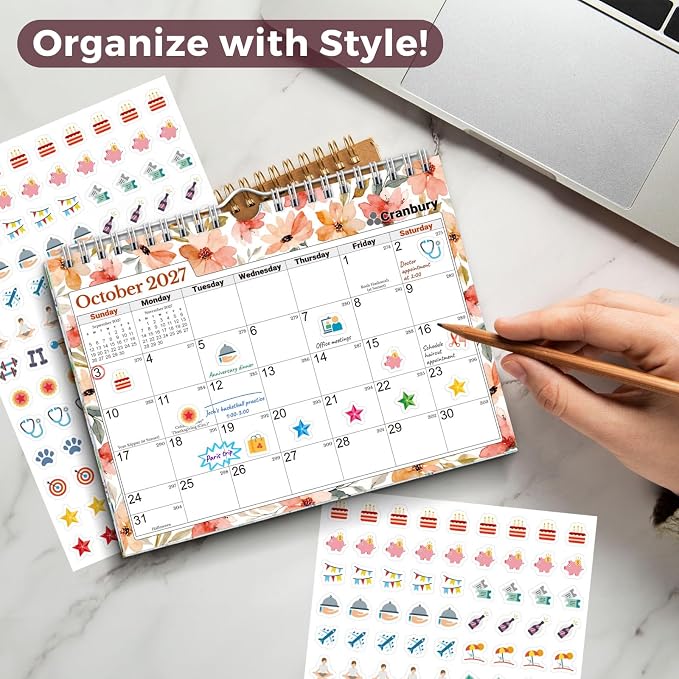 CRANBURY Wall Calendar 2026-2027, 8x6", 18 Months Jul. 2026 to Dec. 2027, Thick Paper, Small Desk & Wall Planner for Office, School, Mini Monthly Hanging Calendar with Stickers, Floral