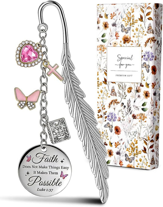 Buleens Bookmarks for Women Reading - Book Marks for Readers Book Lovers, Feather Faith Cross Butterfly Personalized Metal Bookmark with Pendants, Pretty and Aesthetic Book Accessories Reading Gifts