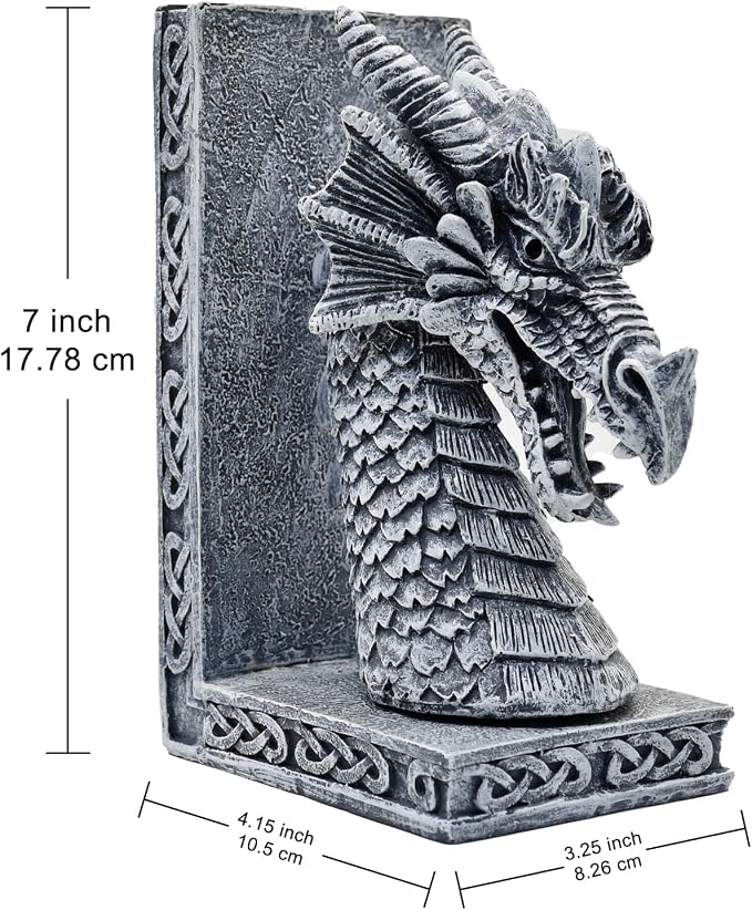 Dragon Bookends for Shelves Set of 2 - Heavy Book Ends Book Supports for Shelves - 4.15 "x 3.25 "x7 Unique Dragon Design Grey（10 Inch