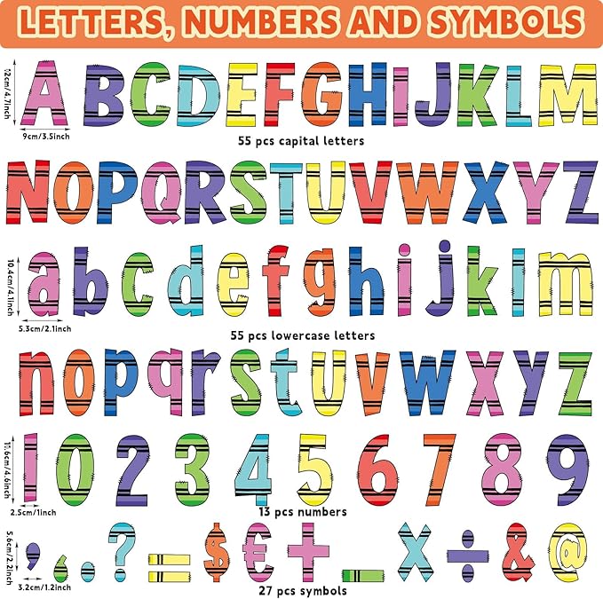 150Pcs Crayon Bulletin Board Letters Crayon Themed Classroom Decor Alphabet Combo Set Alphabets Numbers Symbols Paper Cutouts for Crayons Party School Classroom Blackboard Decoration Supplies