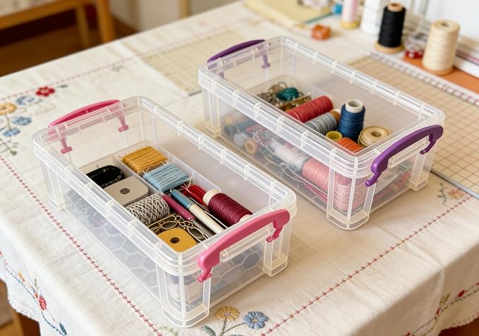 Clear Stackable Storage Containers with Colored Handles, 6 Pack Plastic Organization Boxes for Office Supplies, Art Materials, School Storage (blue) ((22 × 10 × 6.8 cm)*6 blue)